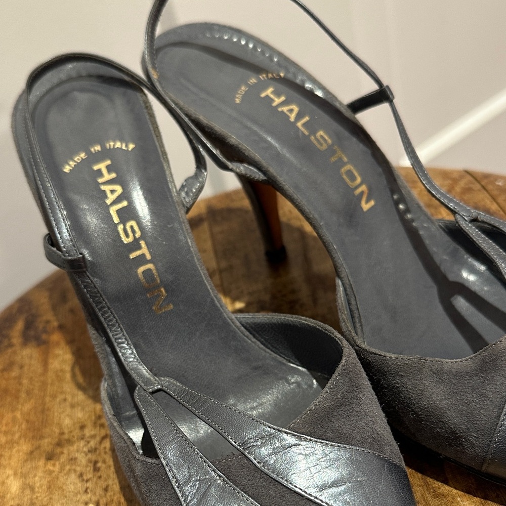 Halston Gray Pointed-Toe Slingback Heels - Picture 2 of 6